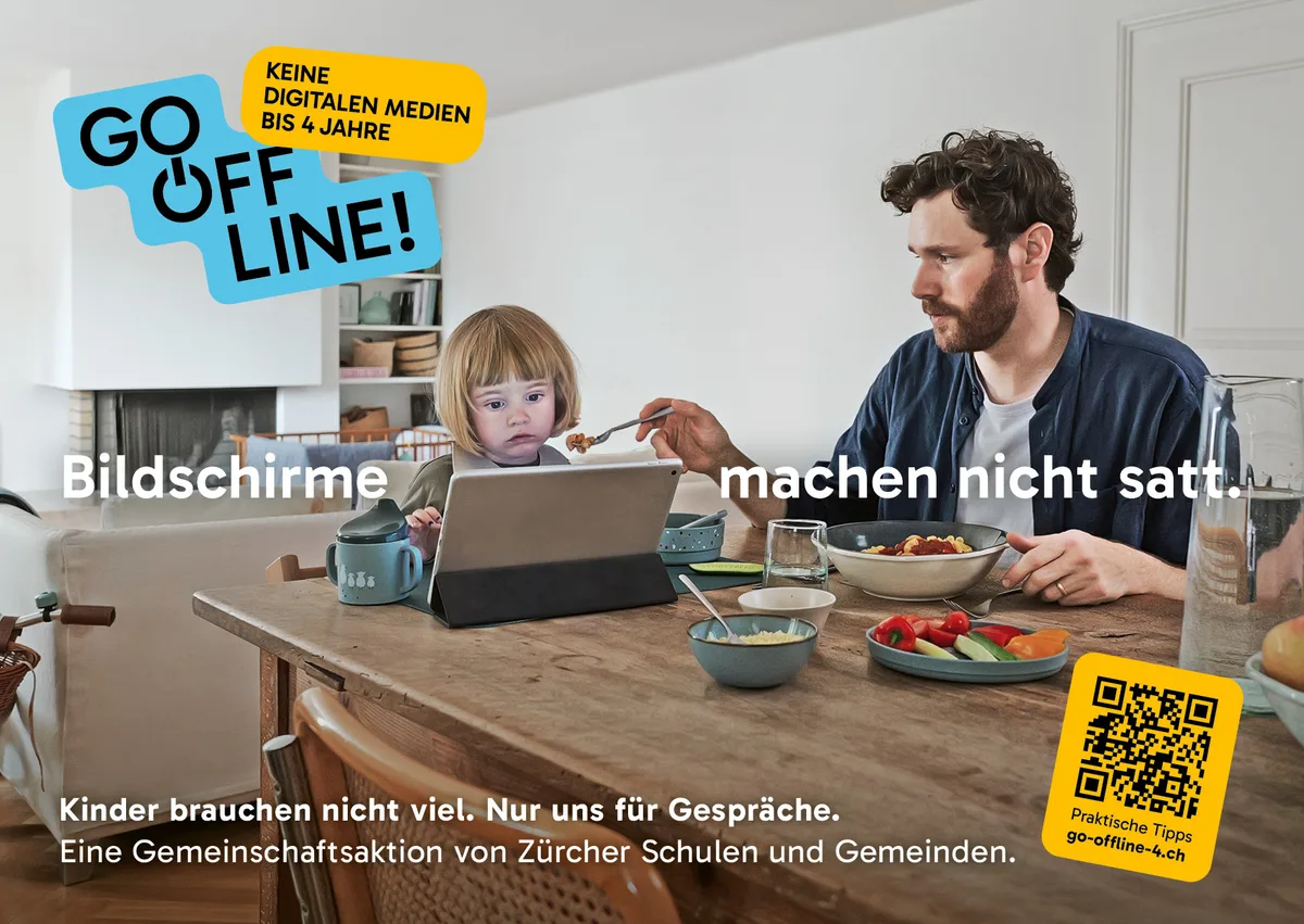 Provokant, laut Primarschulpräsidentin Patricia Bernet aber nötig: «Kinder brauchen nicht viel. Nur uns für Gespräche.» So lautet einer der Claims. Bilder zur Kampagne «Go offline!» der Schulen im Bezirk Uster.